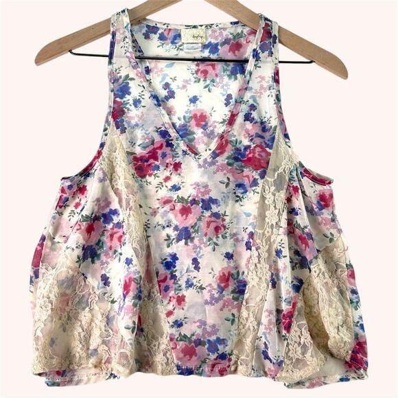 Day Trip Tops - DAY TRIP Cottagecore Sheer Floral Lace Sleeveless V-neck Camisole Blouse Sz Med